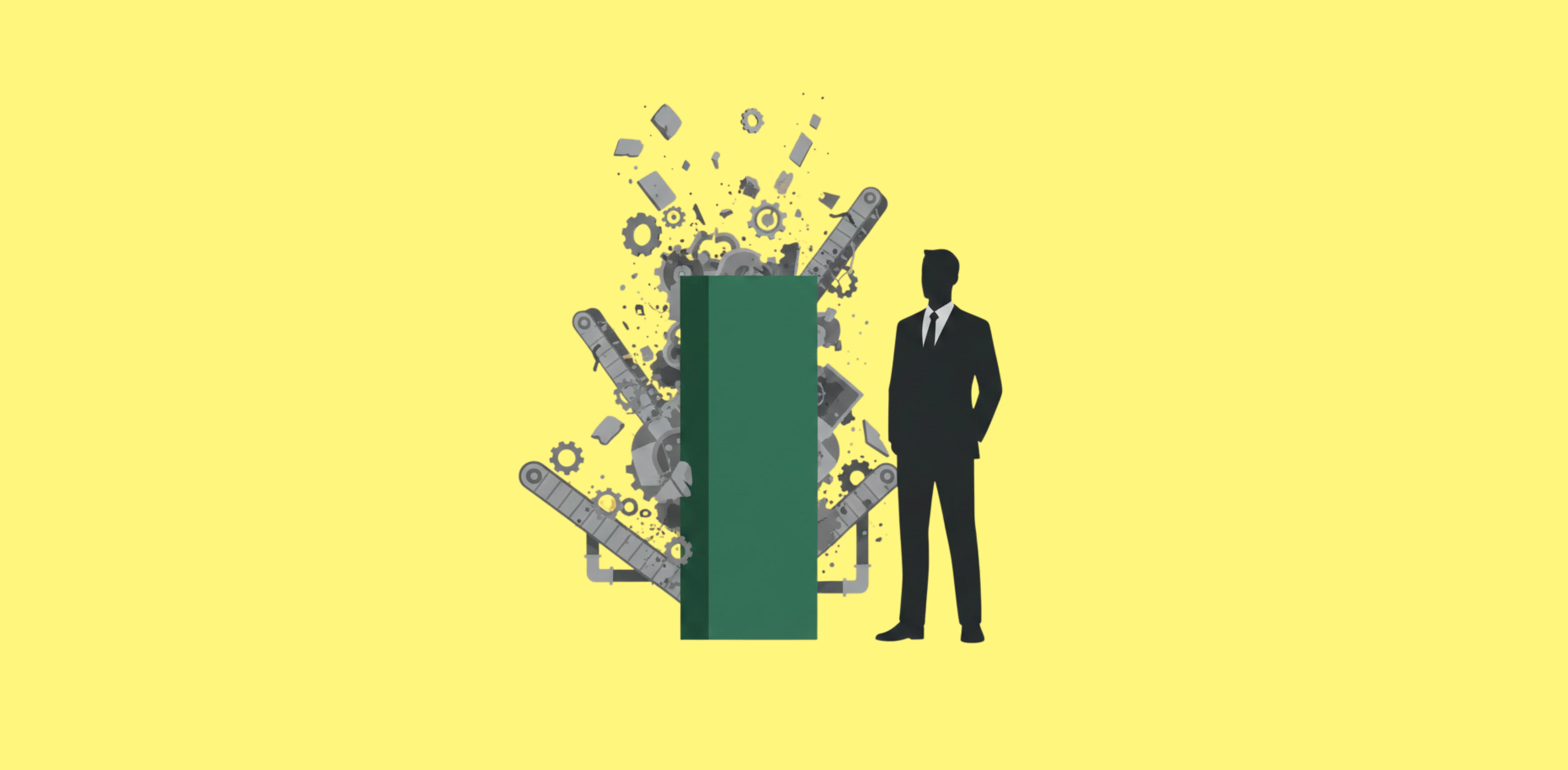 Illustration of a businessman standing beside a green door with industrial machinery, gears, and debris erupting from behind it.
