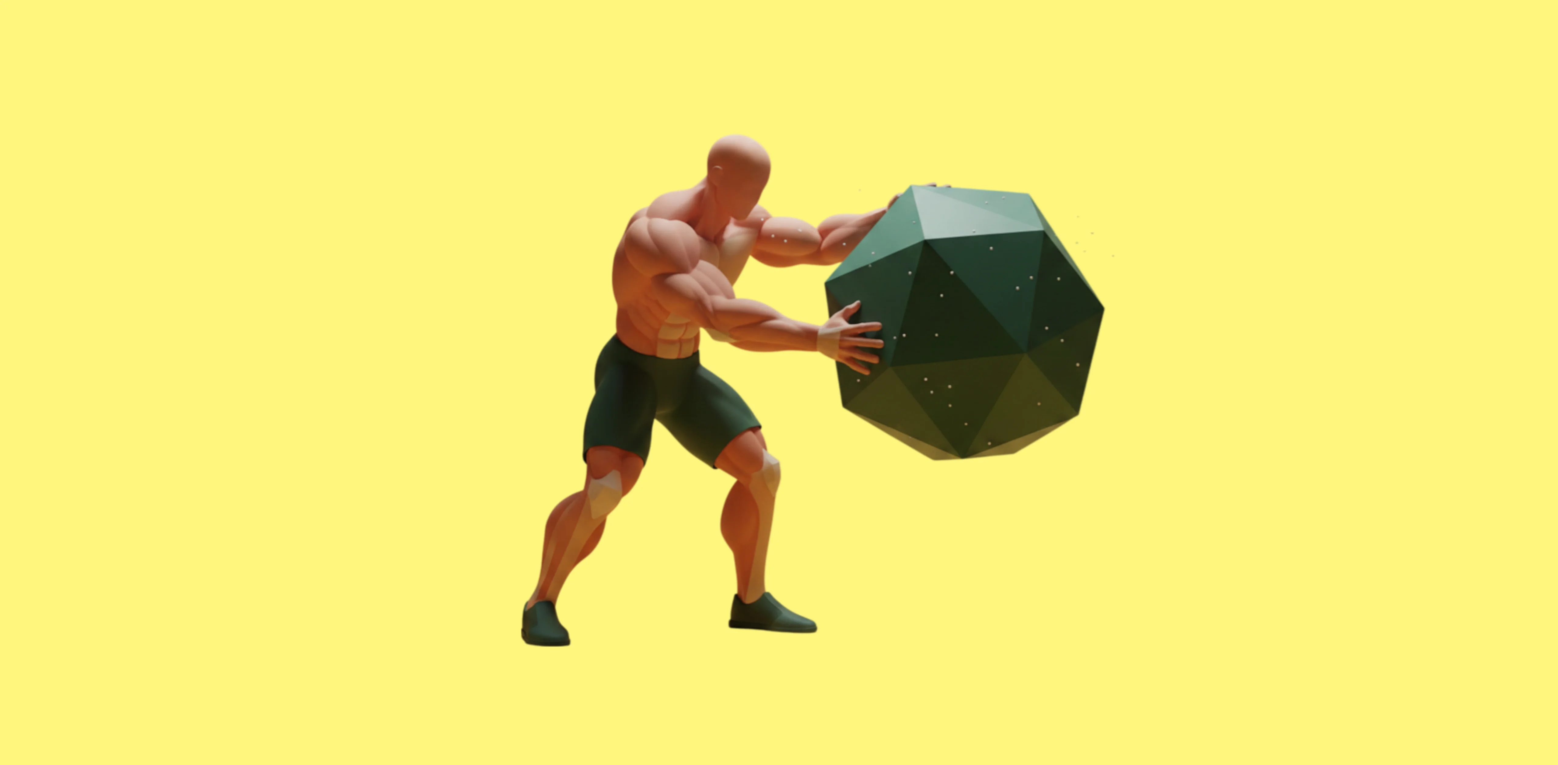 Illustration of a muscular athlete pushing a large green geometric polyhedron.
