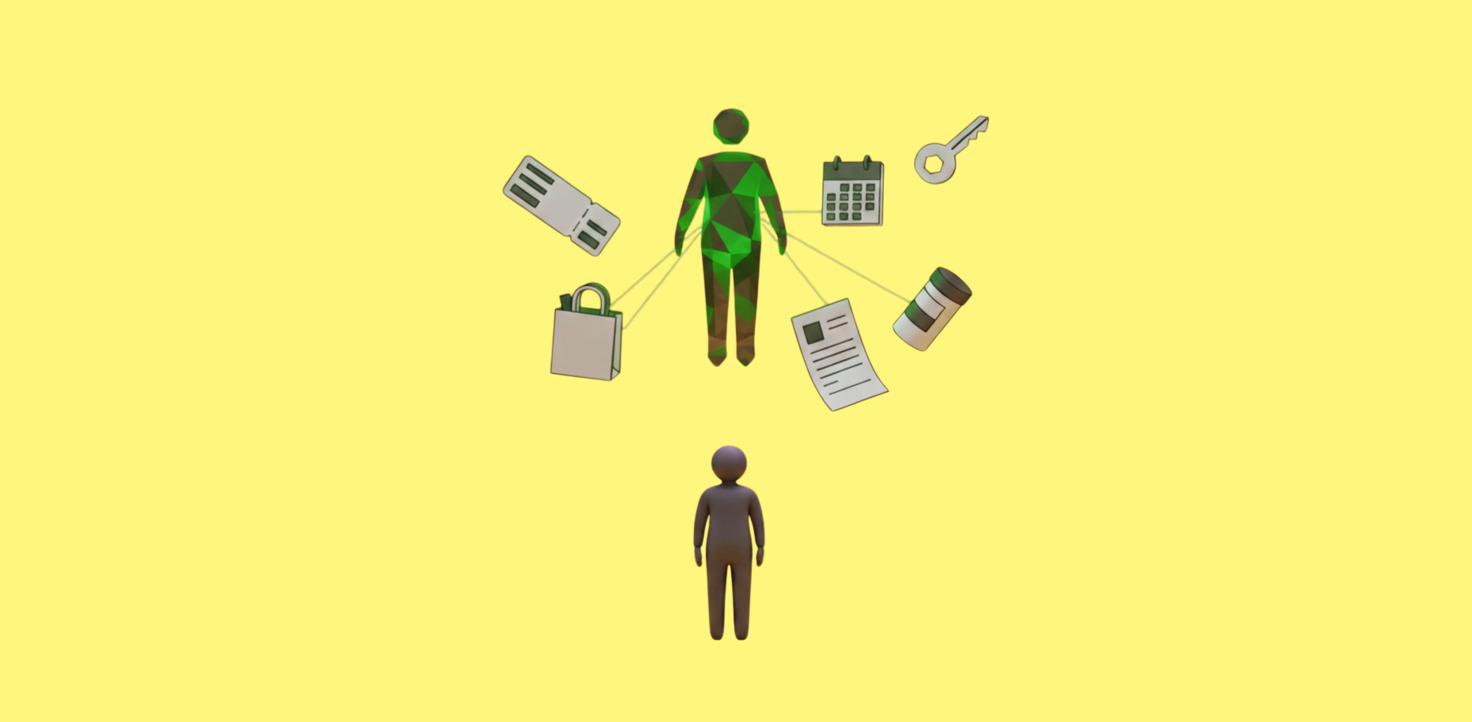 Illustration of a small human figure facing a larger agent figure whose body is connected by lines to everyday life objects — a calendar, a key, a lock, and a storage canister.