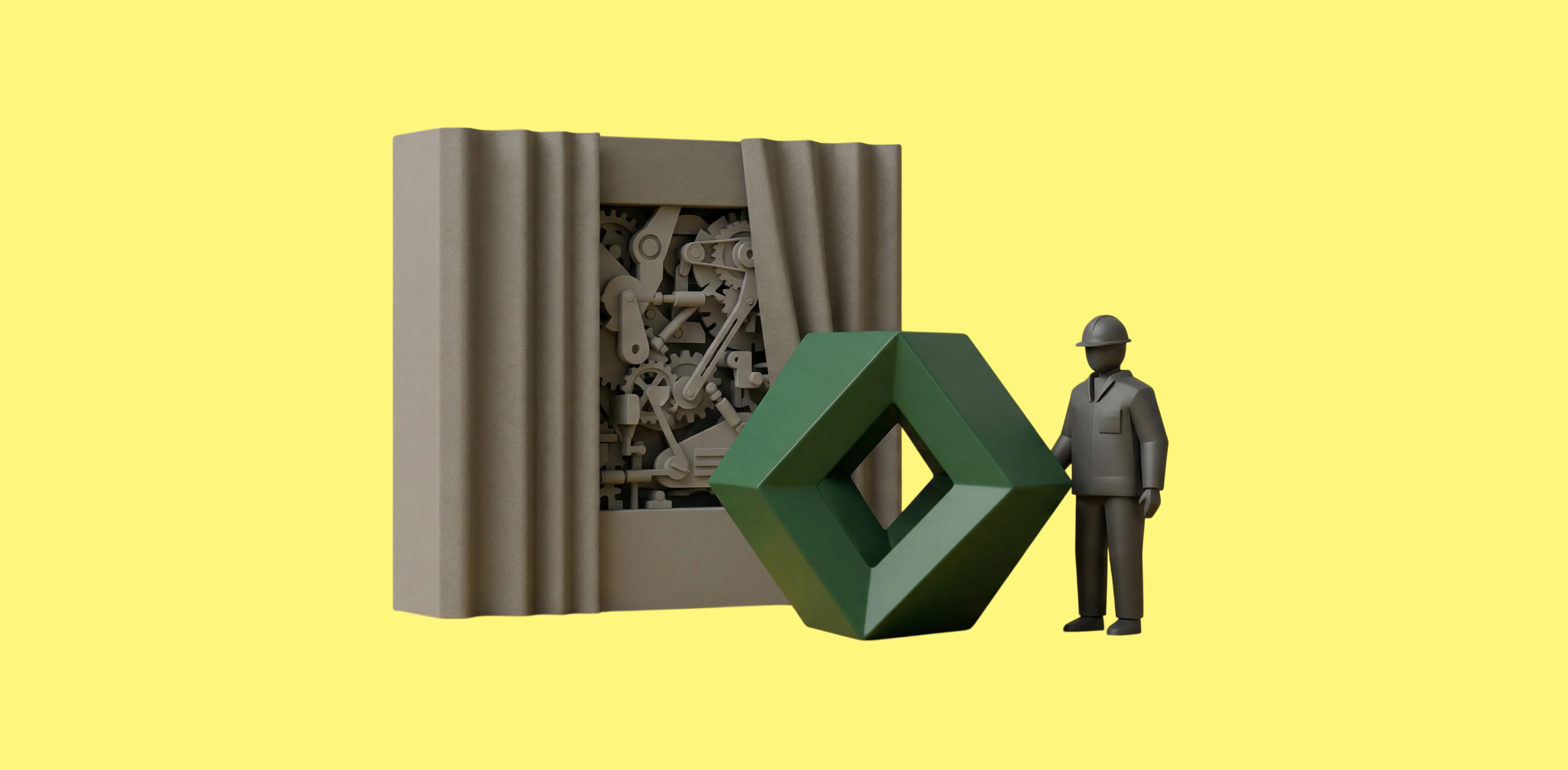 Illustration of a businessman presenting a clean green cube-shaped product in front of a pulled-back curtain revealing the complex mechanical gears that power it.